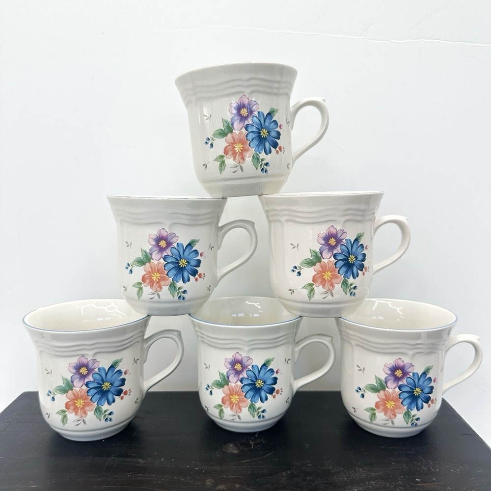 Lot Of 6 JMP Marketing Stoneware Coffee Tea Cup Provincial Bouquet Cottagecore‎